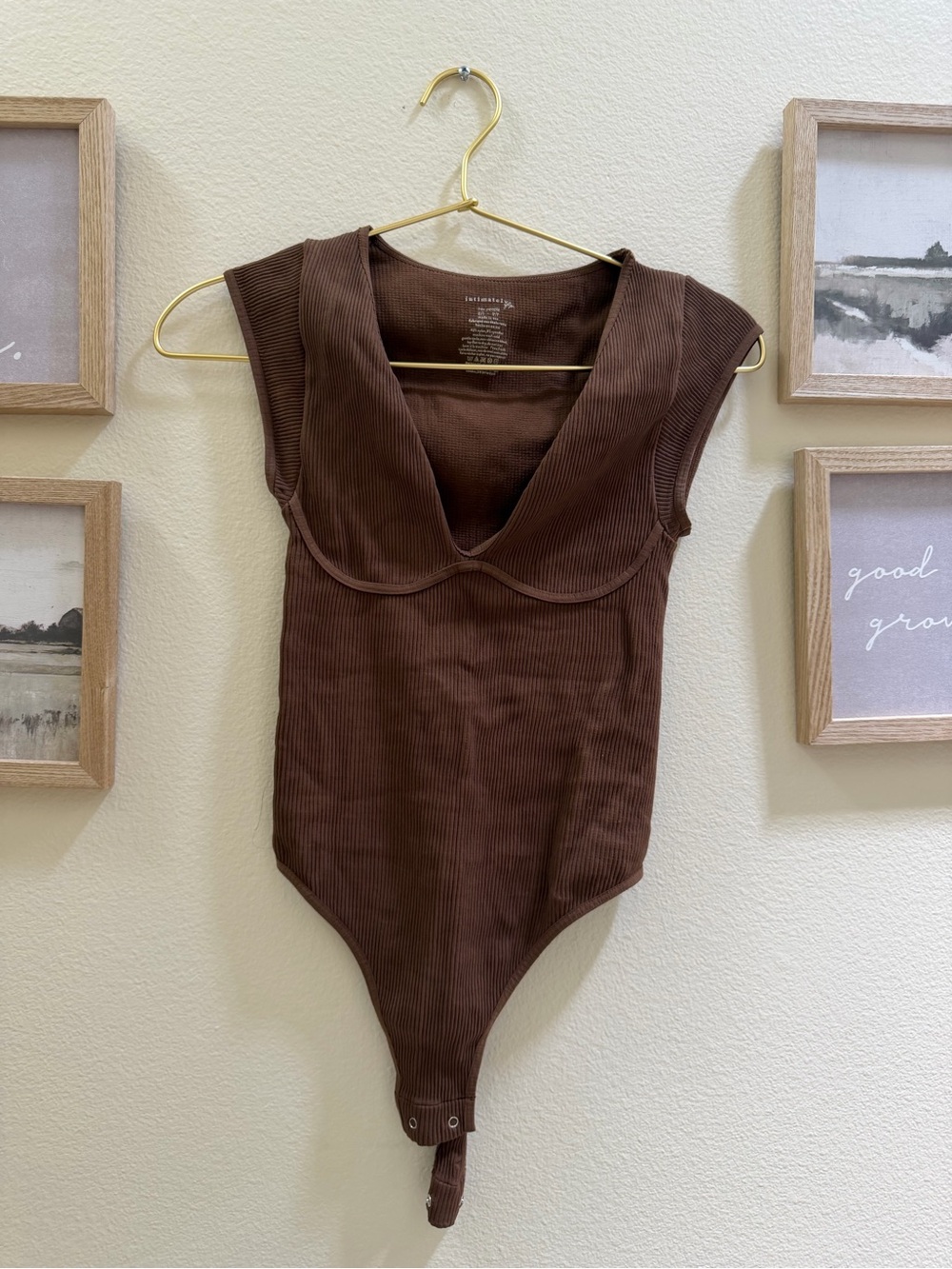 Free People Ribbed Brown V-Neck Bodysuit
